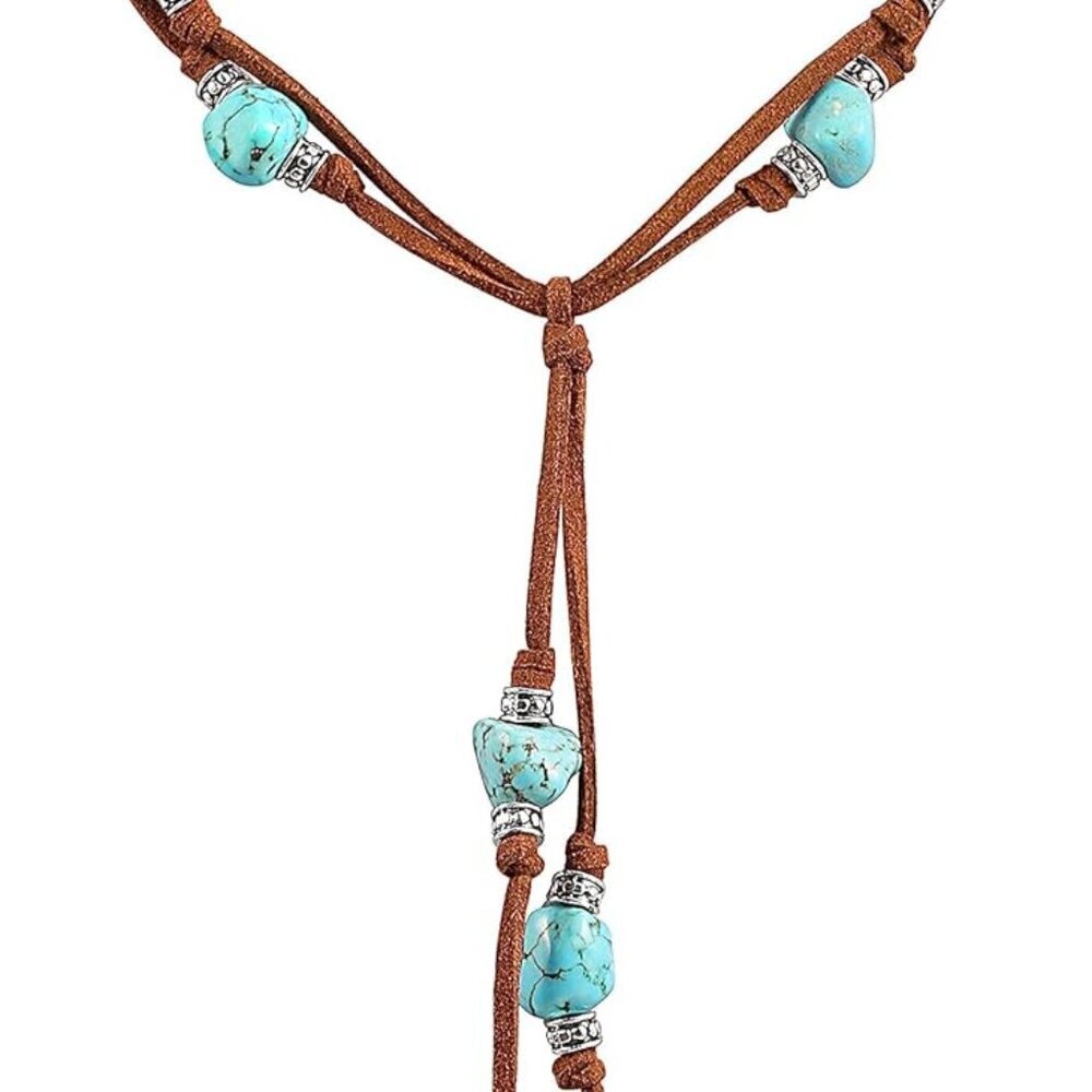 Suede Necklace Women Handmade Turquoise Y-Shape Vintage Pendant Jewelry